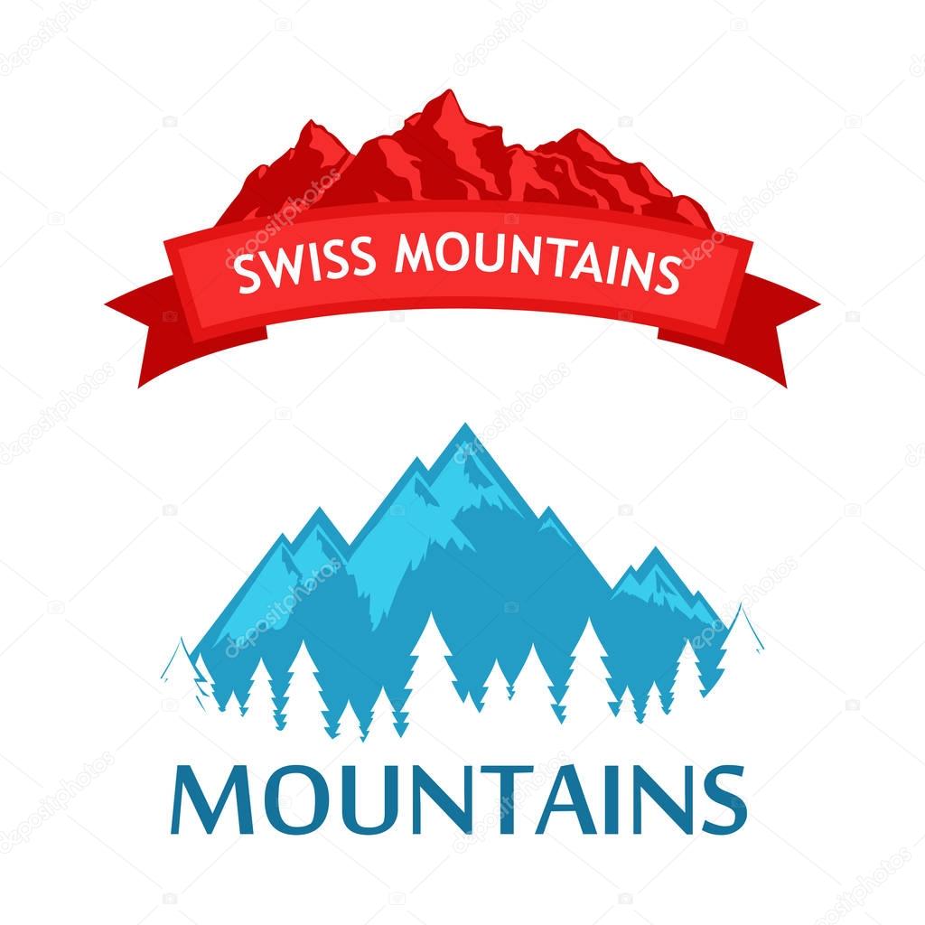 Set of Style Colorful Emblem with Alpine Mountains in Blue and Red color isolated on white.