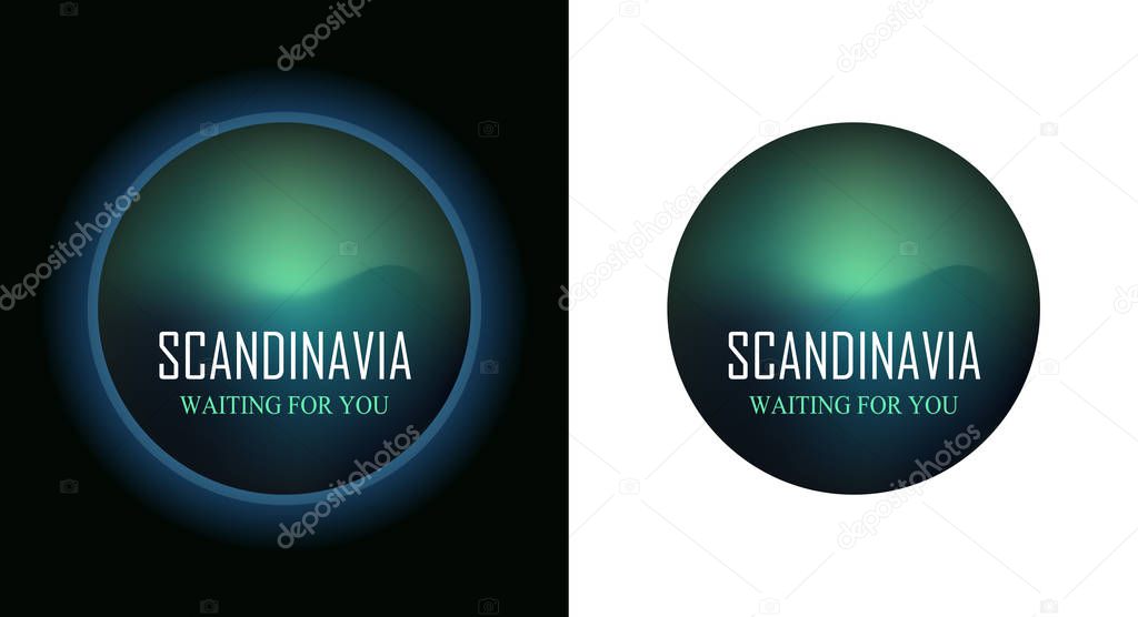 Round Emblem of Tour to Scandinavia with Aurora Borealis isolated on white and black background, Vector Illustration.