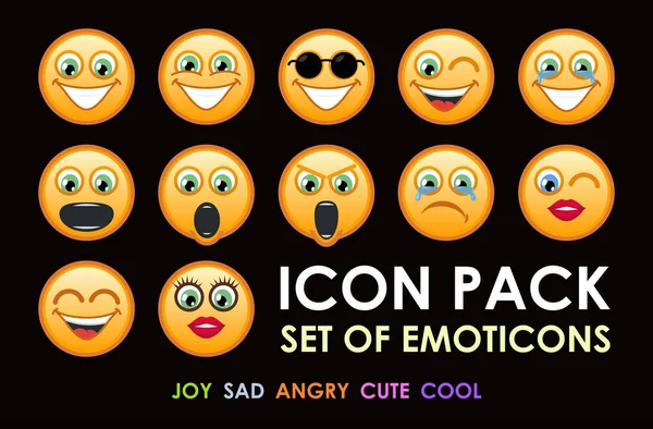 Paquete de iconos de Emoción Sonrisas en Fondo Negro — Vector de stock