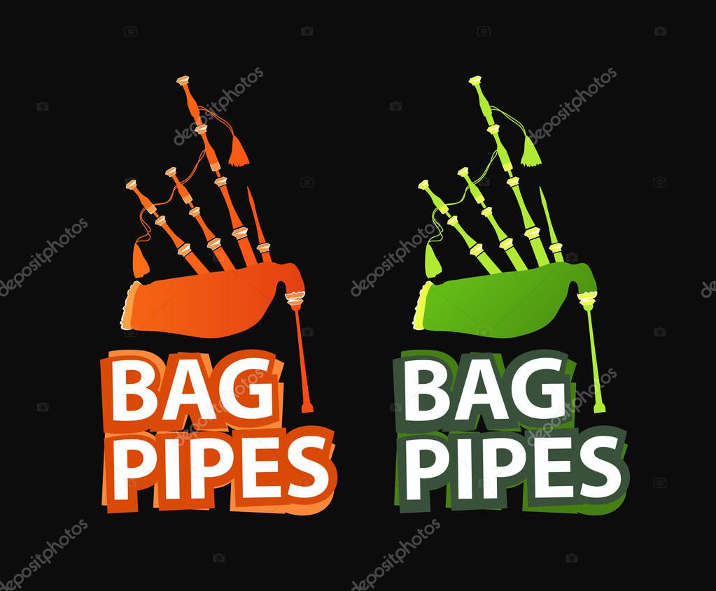 Logos with Great Highland Bagpipes in Red and Green color isolated on white with style caption.