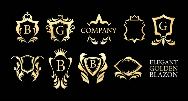 Set of Golden Elegant Blazons on black background — Stock Vector