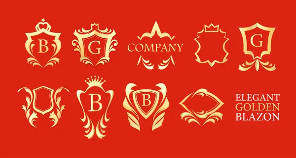 Conjunto de Blazons Elegantes de Oro sobre fondo rojo — Vector de stock