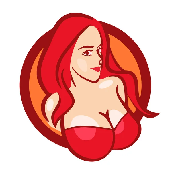 Hermosa chica en sujetador rojo con grandes tetas - Busto de vectores para el logotipo o el emblema de la tienda o sitio web . — Vector de stock