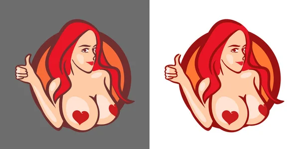 Beautiful Girl with Big Boobs signing Thumb Up - Vector Bust for Logo or Emblem of Store or Web Site. — Stock Vector