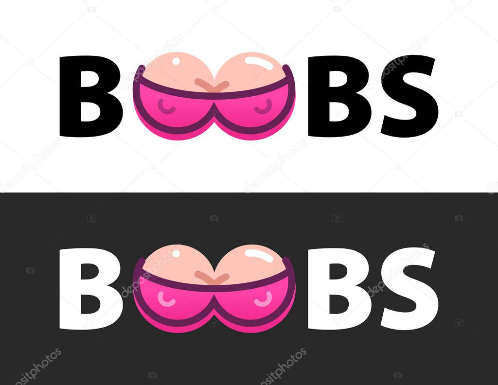 Vector Logo with Boobs in text isolated on white background. Erotic Illustration of female tits for Adult Content.
