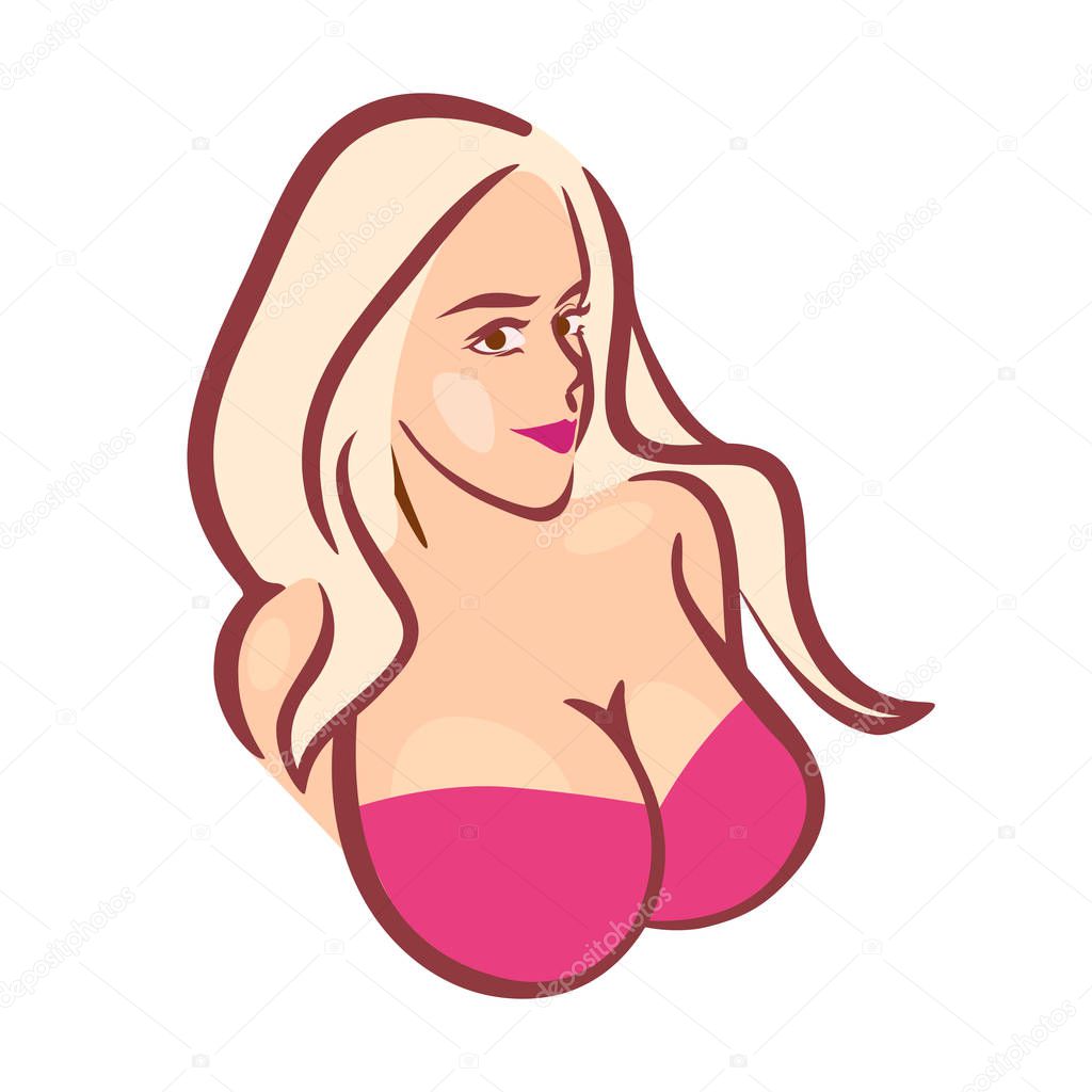 Beautiful Girl in Pink Bra with Big Boobs. Vector Bust for Logo or Emblem of Store or Web Site.