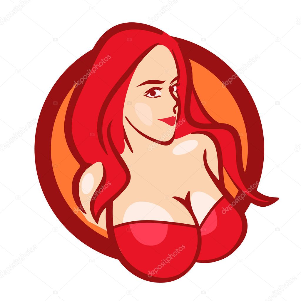 Beautiful Girl in Red Bra with Big Boobs. Vector Bust for Logo or Emblem of Store or Web Site.