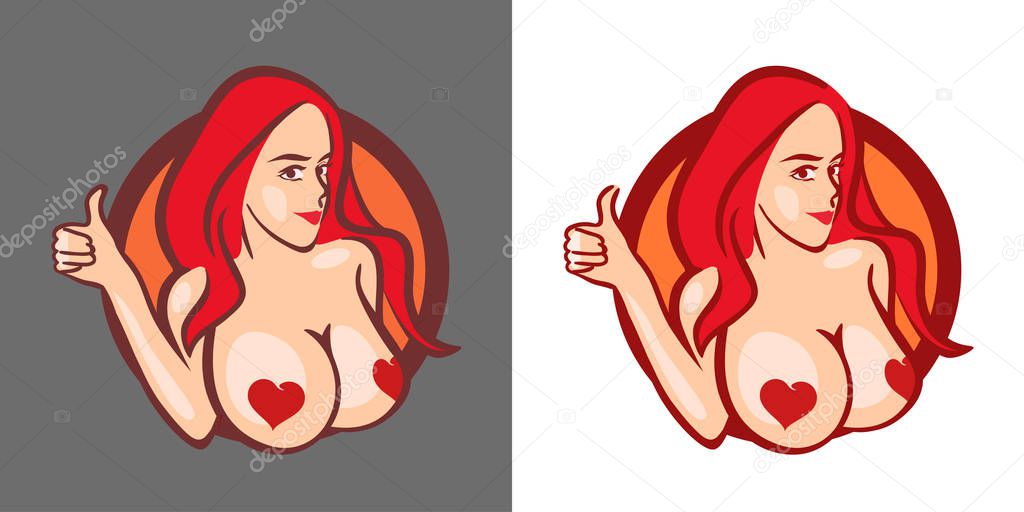Beautiful Girl with Big Boobs signing Thumb Up - Vector Bust for Logo or Emblem of Store or Web Site.
