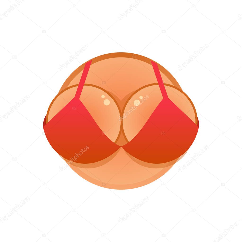 Round Vector Logotype with Girl's Body and Boobs in Red Bra. Creative and Attractive Emblem.
