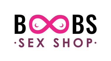 Sex Shop logo for Adult Store. Boobs - text symbol with Female breast. Erotic Emblem design pink color isolated on white.