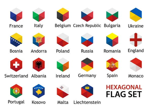 Ícone da bandeira Vector Set forma hexagonal com legendas —  Vetores de Stock