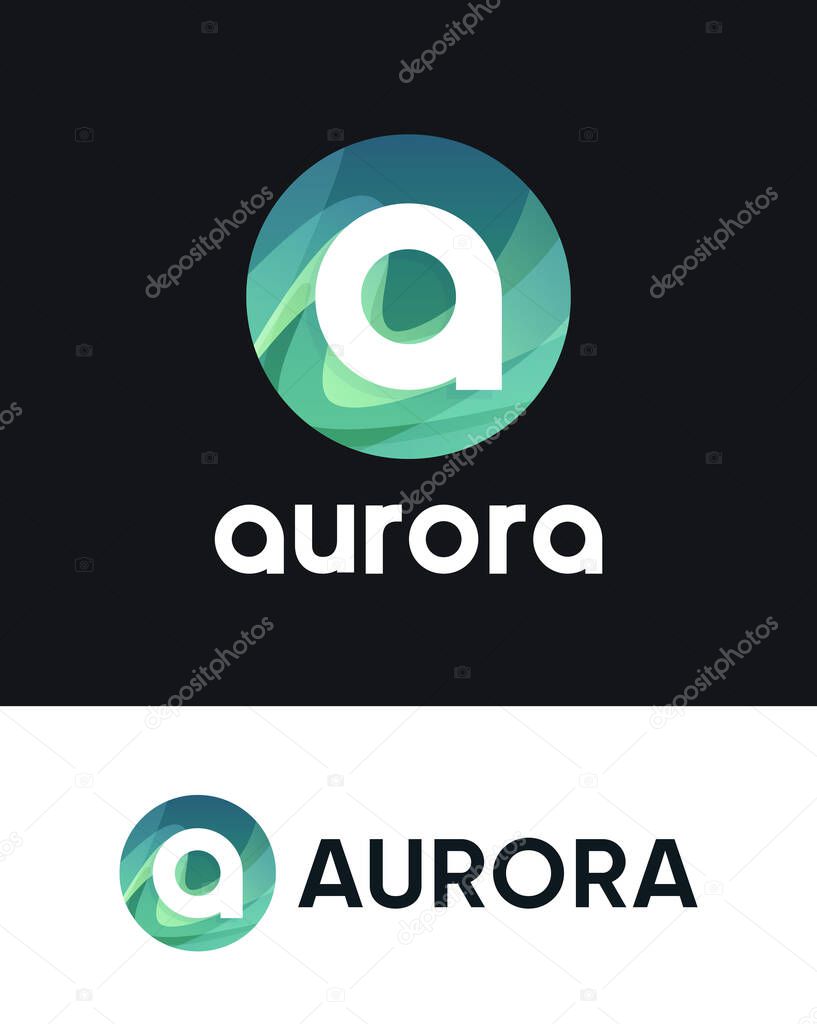 Aurora round emblem with Letter A, Northern Borealis Logo for Scandinavian tours - Polar Lights Travel Logo company on black and white backgrounds.