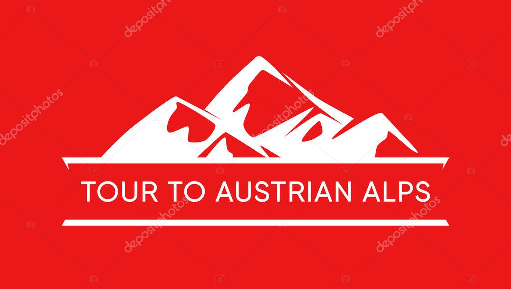 Tour to Austrian Alps, Red Logo of Austrian Mountains isolated on Red Background. Vector Emblem with Alps of Austria.