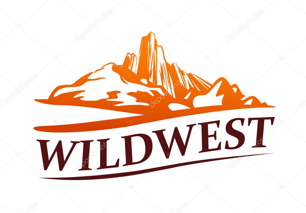Wild west Logo with Western Gold Canyon from USA Arizona or Texas. Logo Emblem of Tour to West of America on white background.