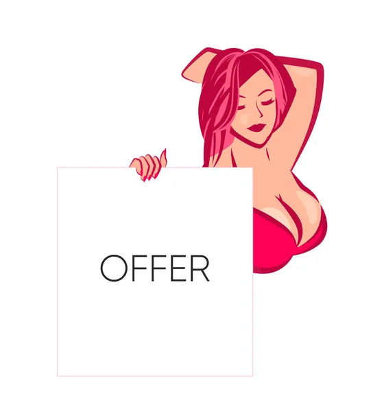 Sexy girl keeping Banner with your Offer — Stok Vektör