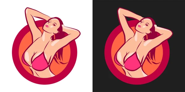 Girl in Bra with Big Boobs. Nude lady in Emblem — Stock Vector