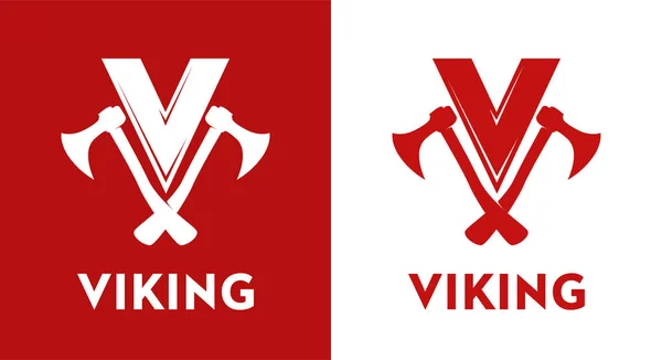 Logotipo Viking Emblema Vetorial Vermelho Isolado Sobre Fundo Branco Vermelho — Vetor de Stock