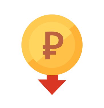 Düşen Ruble vektör illüstrasyonu- Ruble imzalı Altın Para Simgesi ve Mali Krizi resmetmek için aşağı ok.