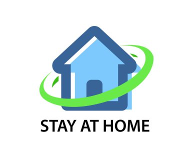 Evde kalın - Coronavirus karantina illüstrasyonlu ev ve altyazı tahrikli tasviri. Virüslerden korunmak için basit amblem.
