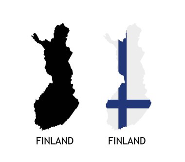 Finlandiya haritası siyah renk ve Finlandiya siluetinde bayrak direği - Beyaz üzerine izole edilmiş vektör illüstrasyonu