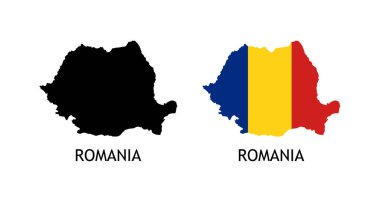 Romanya haritasında siluet siyah rengi ve Romanya 'nın ana hatlarında bayrak direği - Beyaz başlıklarda izole edilmiş vektör çizimleri