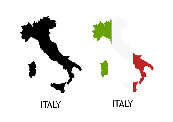 イタリア地図シルエット黒と旗竿 イタリアの輪郭線 白に分離されたキャプション付きベクトルイラスト — ストックベクタ