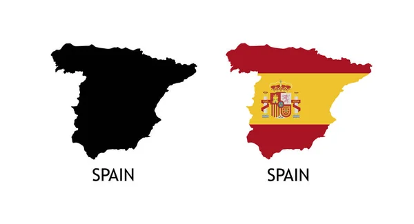 Испания Карта Силуэт Черный Цвет Флагшток Контуре Испании Векторные Иллюстрации — стоковый вектор