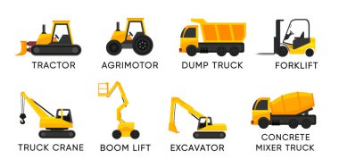 Bum asansörlü forklift ve kargo ve inşaat için diğer kamyonlar - vektör simgesi beyaz üzerine izole edildi.