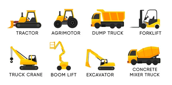 貨物や建設のためのブームリフトや他のトラックとフォークリフト 白に隔離ベクトルアイコンセット — ストックベクタ