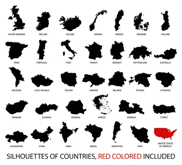 Sziluettek Országok Európából Amerikából Fekete Piros Színű Elszigetelt Fehér — Stock Vector