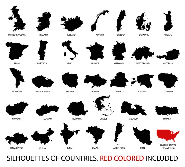Силуэты Стран Европы Америки Черно Красном Цвете Изолированы Белому — стоковый вектор