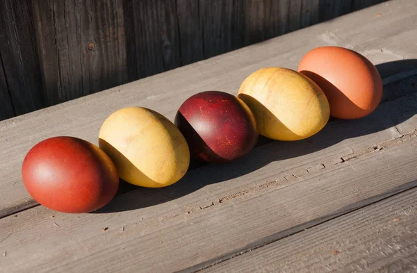 Painted Easter Eggs Wooden Boards — Stock Photo, Image