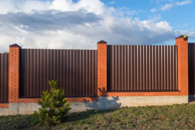 Baharın başında tuğlalı sütunlarla çevrili tahtadaki çam ağaçları.