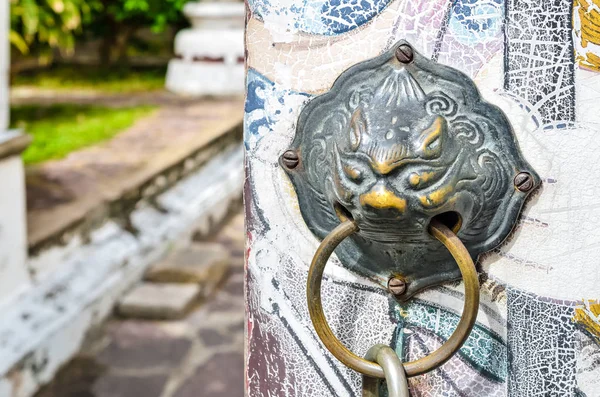 Leão cabeça porta batedor na velha porta de madeira — Fotografia de Stock