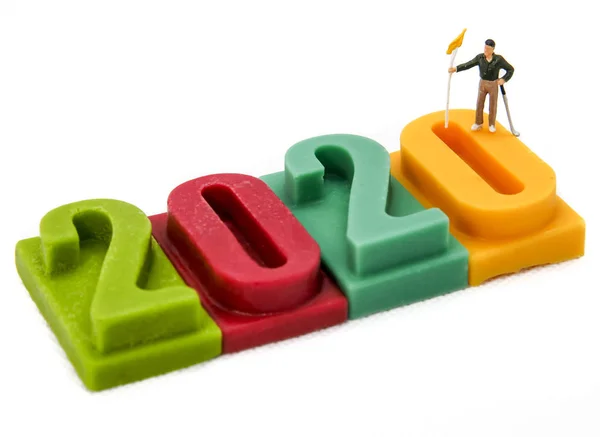 Miniature People Golfer Stand Number Happy New Year Christmas 2020 — Stock Photo, Image