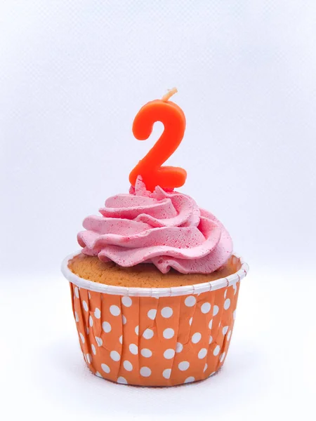 Chocolate Cupcakes with Candles 2 on White Background, Birthday or Anniversary Concept