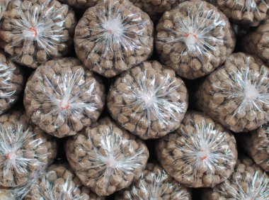 Kamu parkında satılık naylon poşetlere yığın. Balık ve hayvan yemi için beslen.