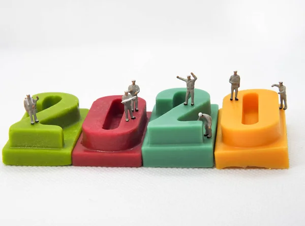 Miniature People Factory Man Stand 2020 Happy New Year Christmas — Stock Photo, Image