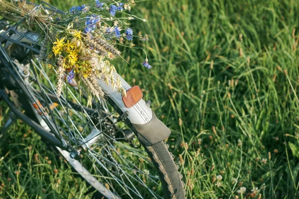 Çiçekler ve kulaklar yeşil çimlerde bir bisiklette