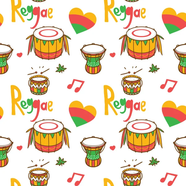 Reggae Music Pattern. Set of Drums, Heart. Peace, Love, Rasta. H — Stock Vector