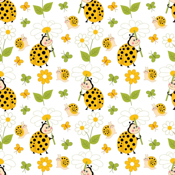 Vector Seamless Pattern with Ladybug, Snail and Butterfly. Insects Vector — Stock Vector