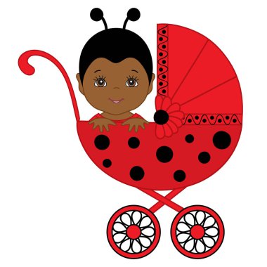 Vektör Afro-Amerikan şirin bebek kız bebek arabası içinde oturan uğur böceği kostümü.