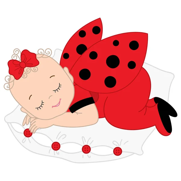 Vektör şirin bebek kız yastığın üzerinde uyku Ladybug kostüm. — Stok Vektör