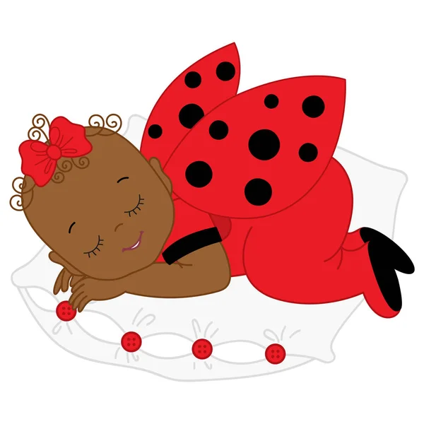 Vector afroamericano linda niña en traje de mariquita durmiendo en la almohada . — Vector de stock