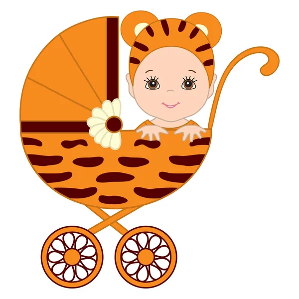 De schattige Baby vector in Tiger kostuum zitten in de wandelwagen. — Stockvector