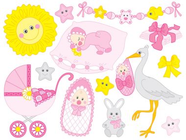 Vektör bebek kız Set. Bebek duş Clipart vektör çizim. 