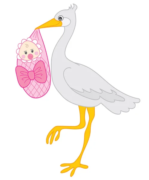 Cigüeña vectorial con niña. Clipart de cigüeña . — Vector de stock