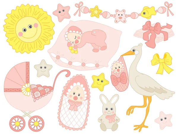 Vector Baby Girl Set. Baby Shower Clipart Vector Illustration. — Stockvector