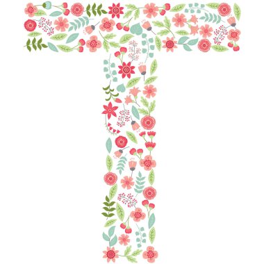 Vektör çiçek harf T. vektör çiçek abc. İngilizce çiçekli alfabe. Yazı tipi vektör çizim. 