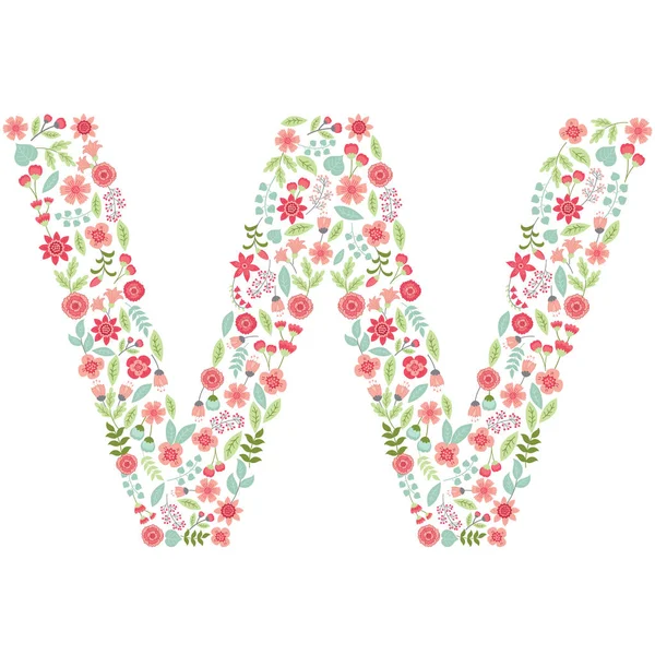 Vector floral letter W. Vector floral abc. Engelse bloemen alfabet. Lettertype vectorillustratie. — Stockvector